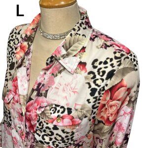 DRESSBARN Blouse Size Large Leopard Print Floral Button Down Long Length Pretty